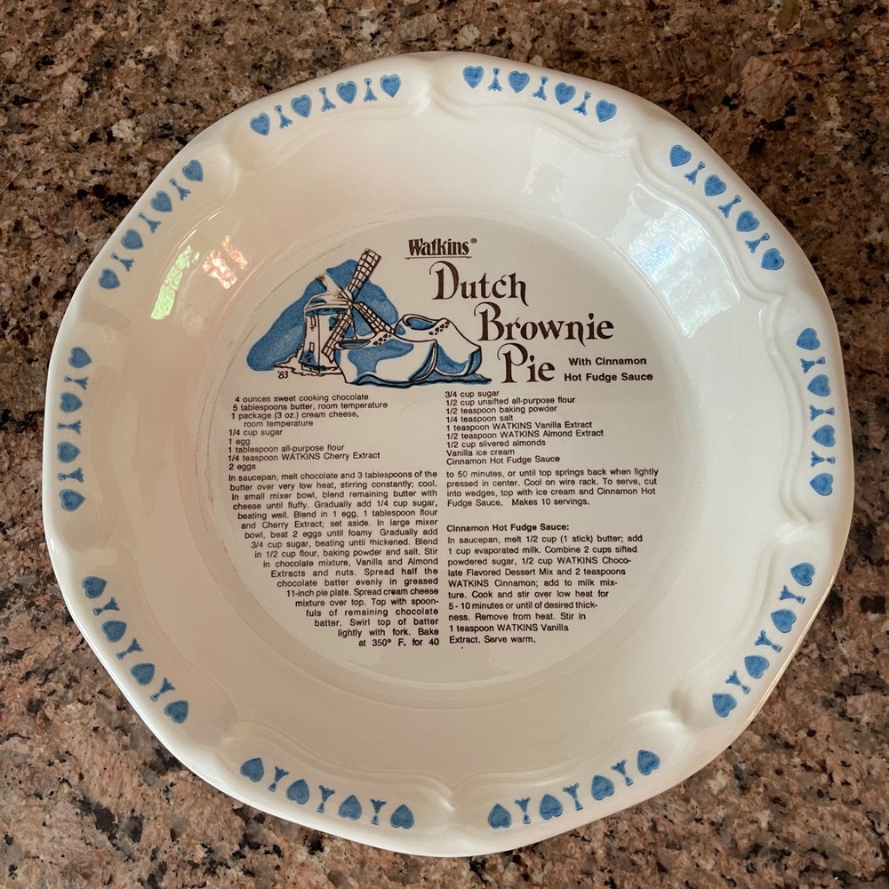 Vintage Watkins Deep Dish Pie Plate with Dutch Brownie Pie Recipe